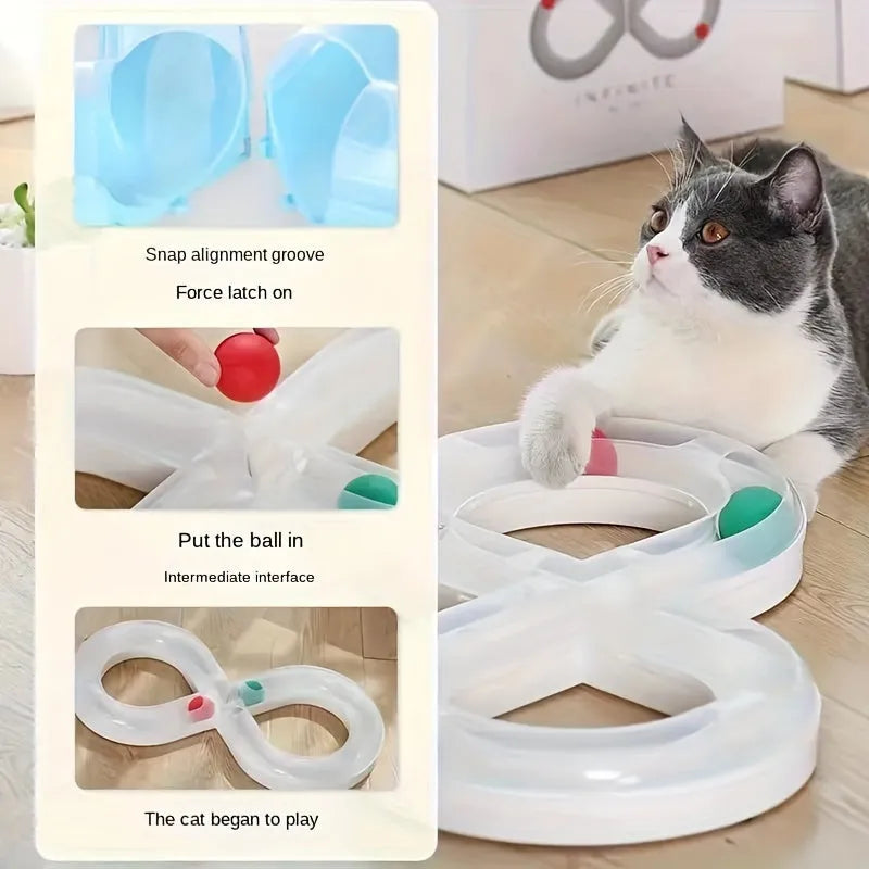 Cat toys collection showing self-hi turntable track ball and teasing cat stick for feline entertainment