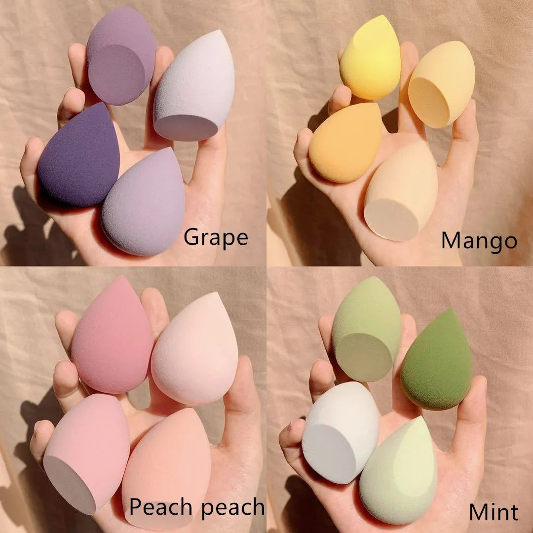 Four coloured synthetic sponge makeup eggs in Grape, Mango, Mint and Peach shades