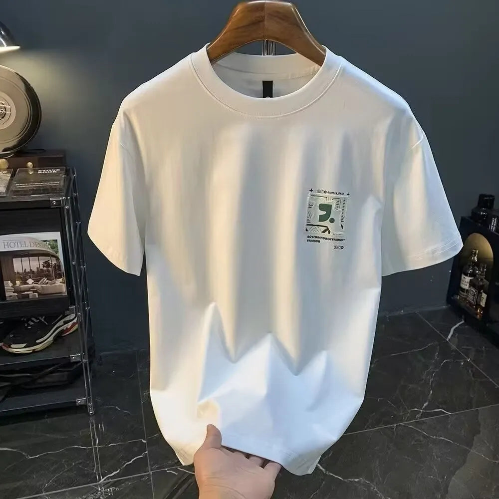 Men's loose half sleeve pullover top with letter pattern, thin milk silk, black or white, sizes S to 5XL