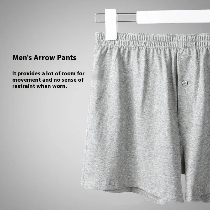 Men's high-waist cotton boxer shorts in black, grey, and navy blue on a size chart