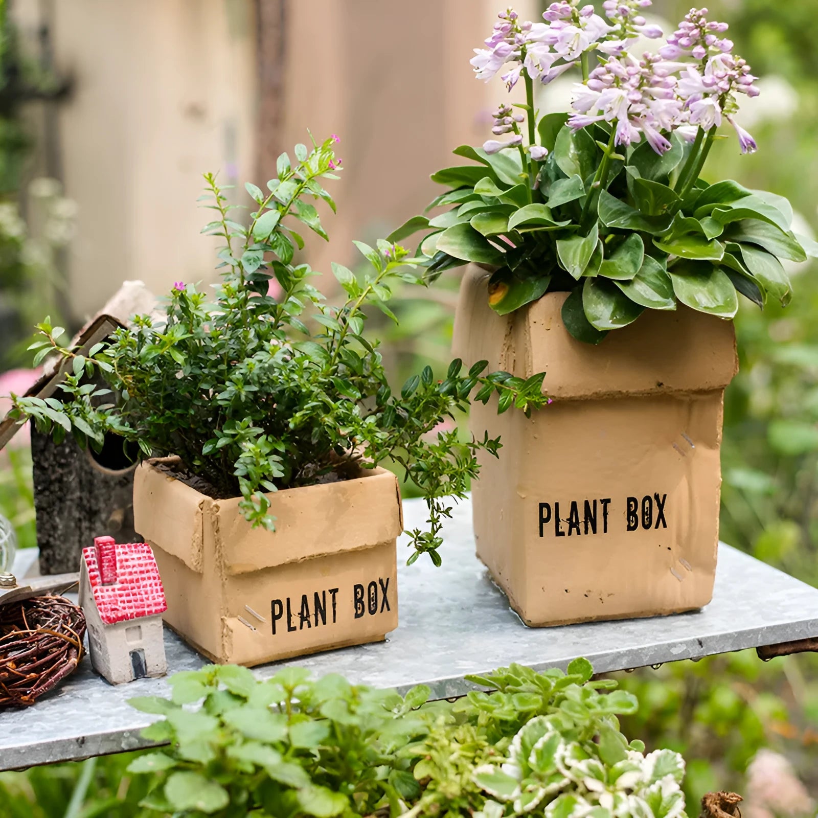 Cement brown paper box style flowerpot with angular sides and a perforated base on a floor.