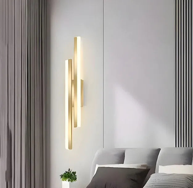 Gold double line wall lamp with 500mm length and tri-colour LED lighting