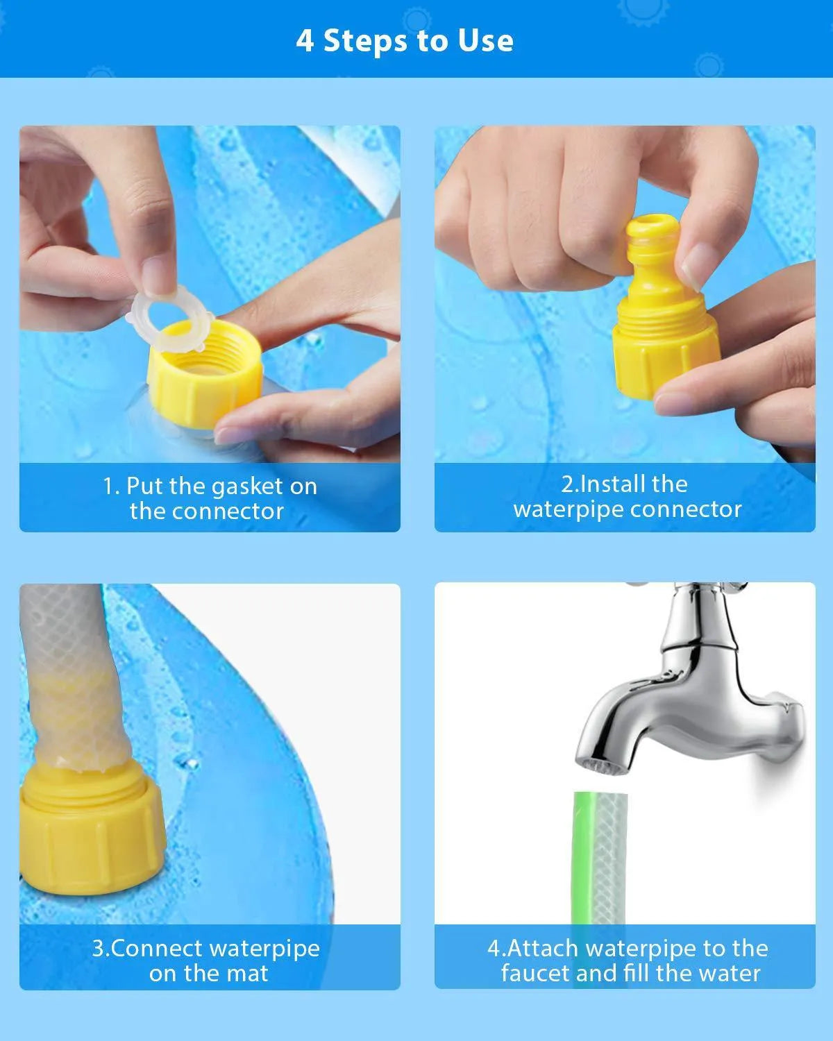 Blue PVC water spray play pad mat for children with marine animal design in garden setting.
