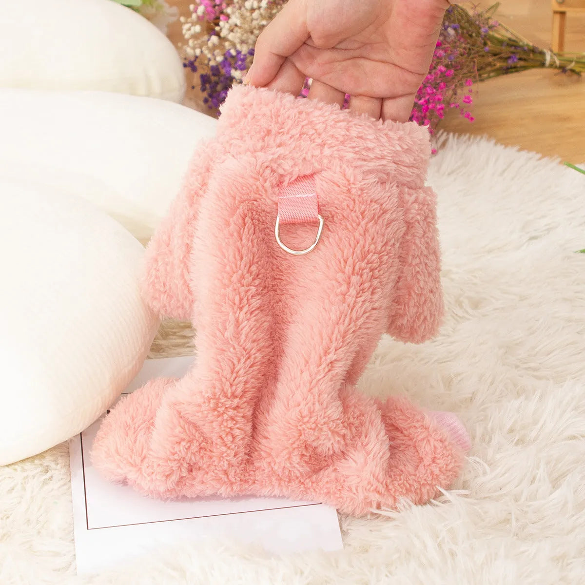 Four-legged thick plush dog clothing with high collar in blue colour showing full coverage design