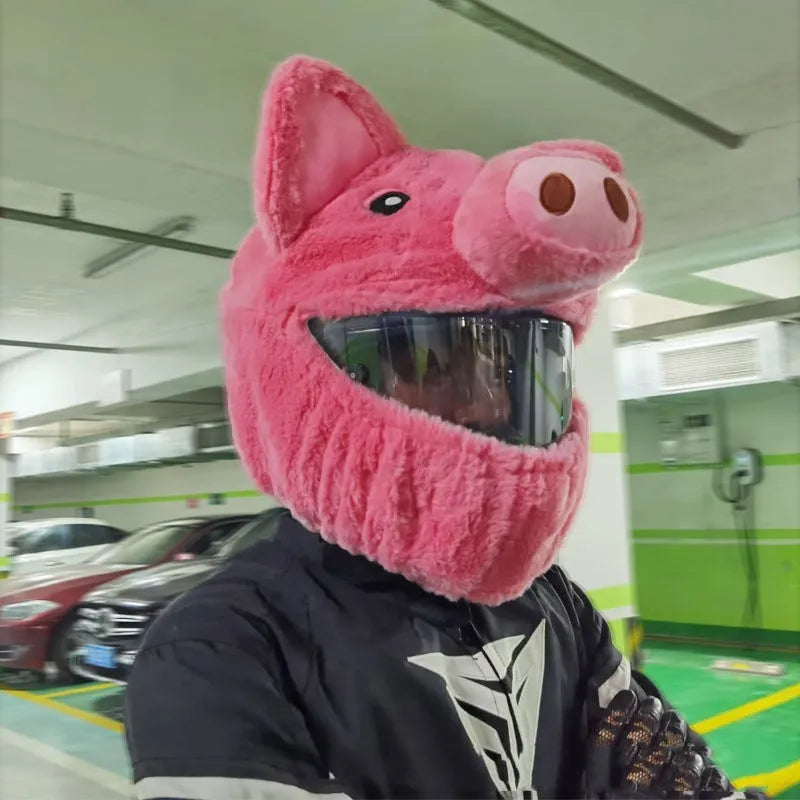 Pinkpig coloured plush helmet protective hood for motorcycles made from pv velvet cloth.
