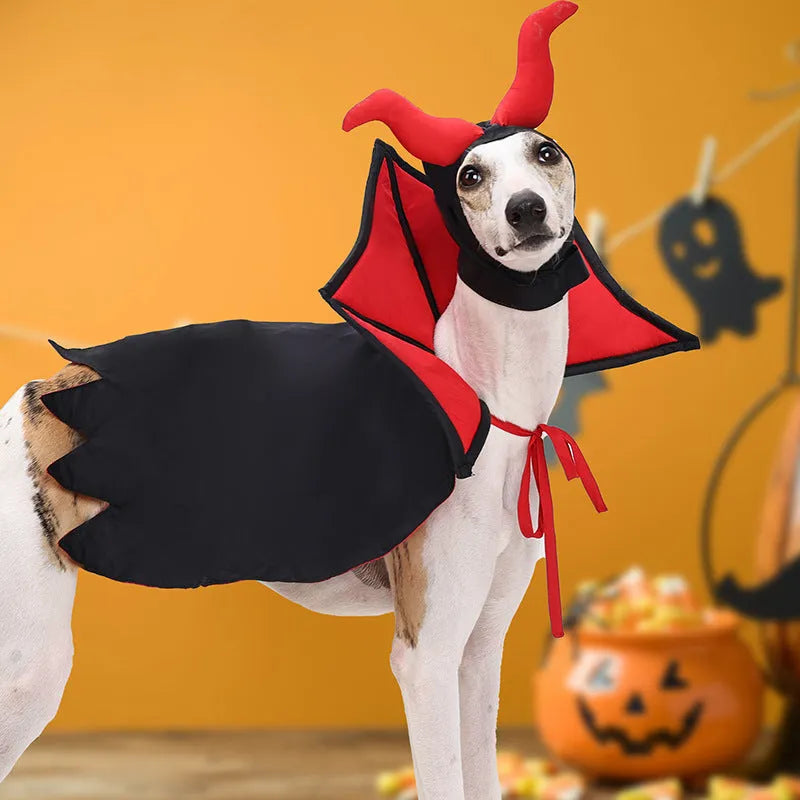 Black polyester vampire cloak and hat Halloween costume for a pet dog or cat.