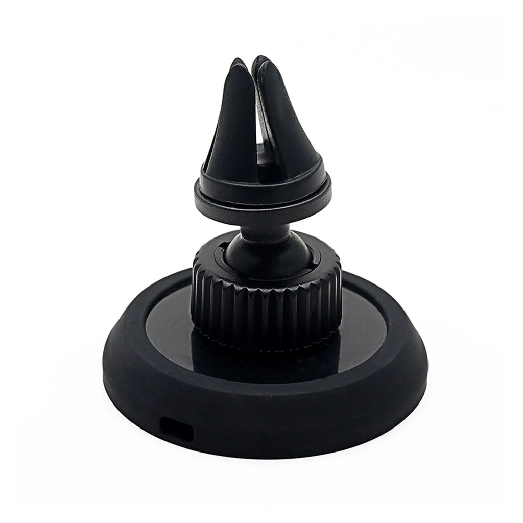 Black plastic magnetic car phone holder with dashboard and air vent mounting brackets