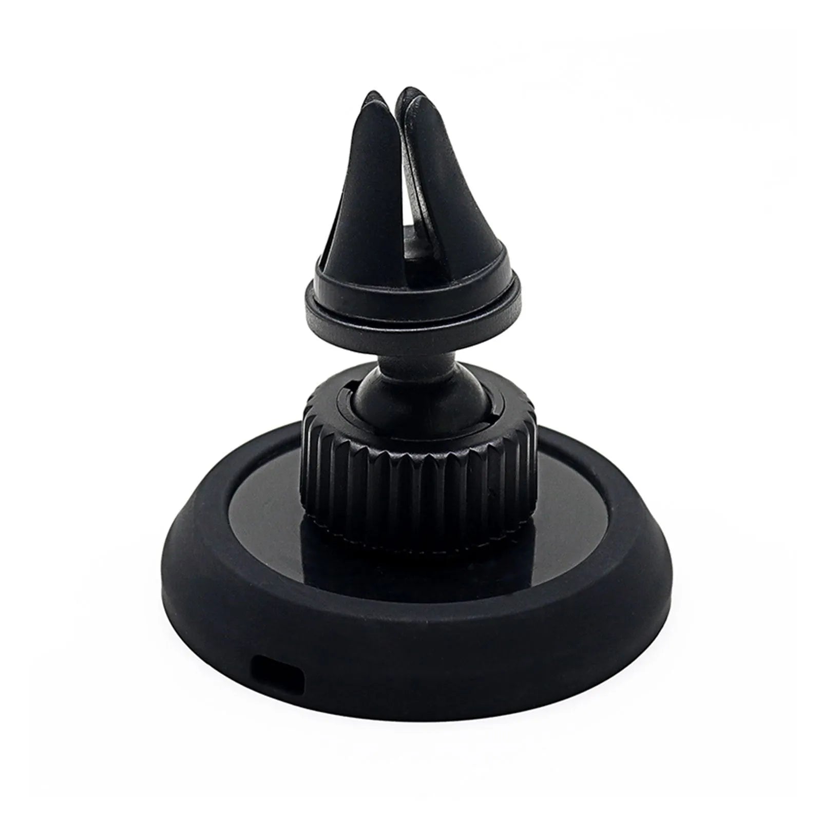 Black plastic magnetic car phone holder with dashboard and air vent mounting brackets