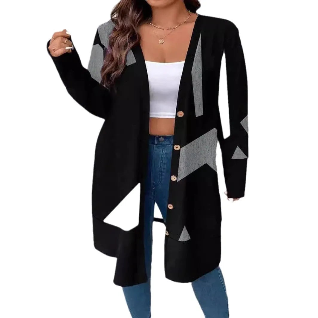 Black plus size casual cardigan coat with button stitching printing detail and loose fit