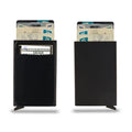 Aluminium alloy frosted metal credit card holder in multiple colour options on a grey background.