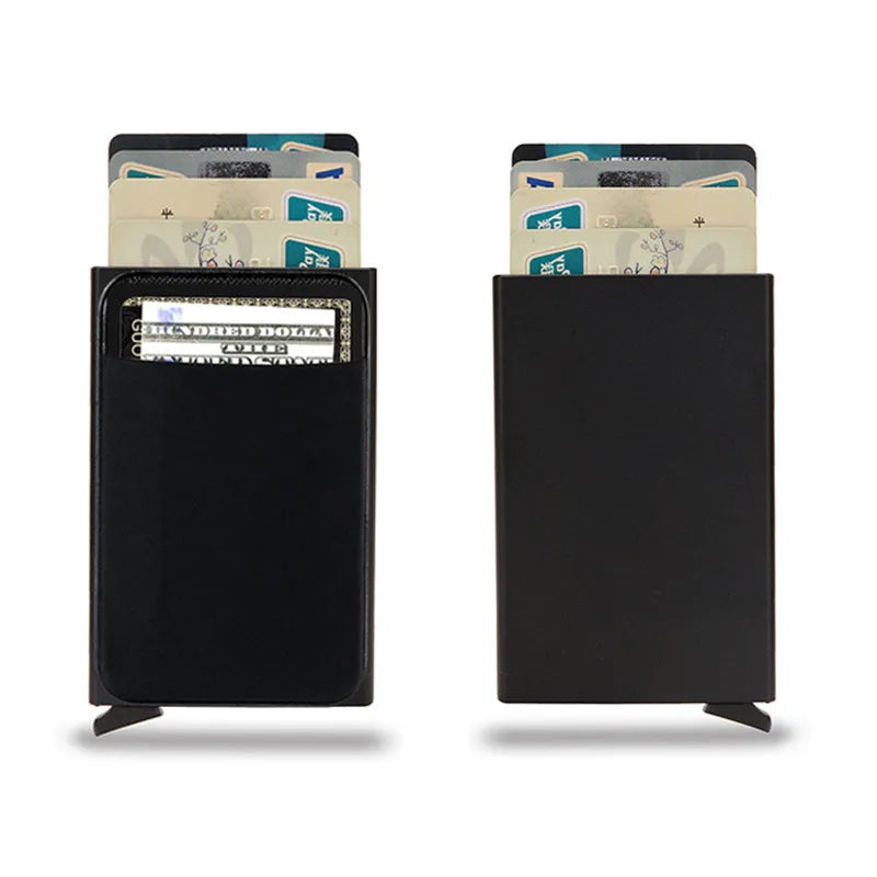 Aluminium alloy frosted metal credit card holder in multiple colour options on a grey background.
