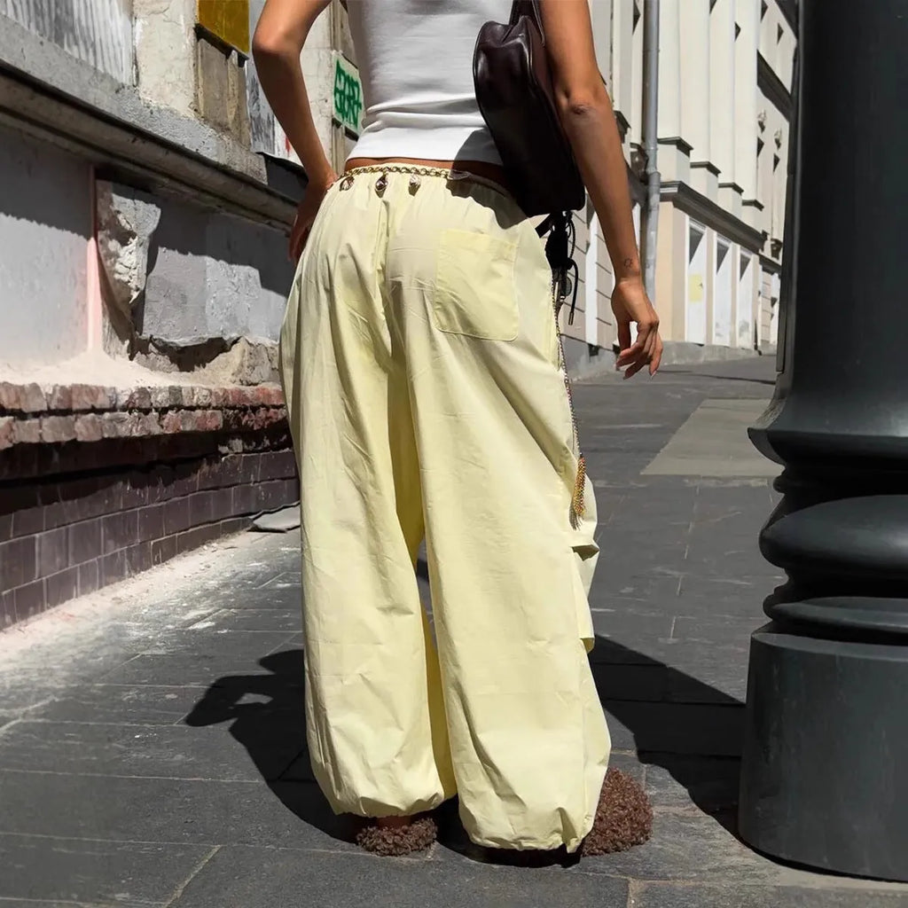 Yellow women's drawstring trousers, mid-waist straight-leg work clothes style, sizes S M L
