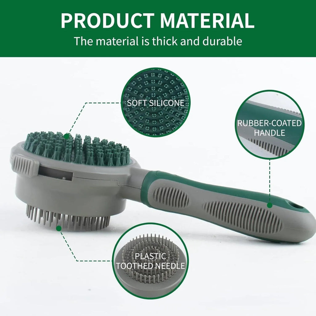 Green and pink dual-sided pet brush with slicker pins on one side and silicone massage pins on the other