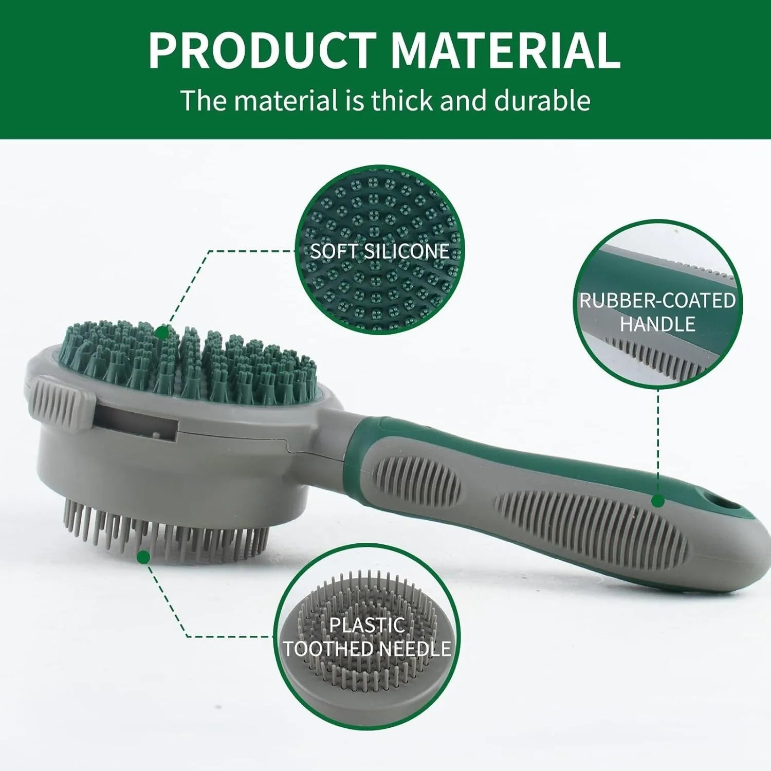 Green and pink dual-sided pet brush with slicker pins on one side and silicone massage pins on the other