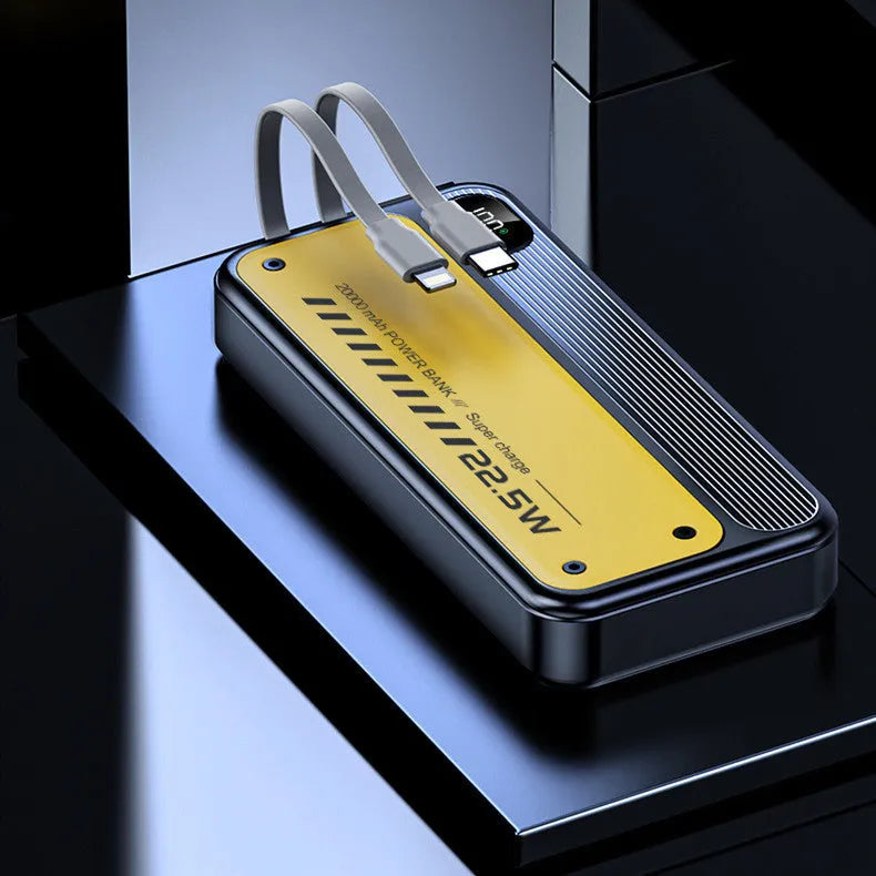 225W fast charge portable power bank with cable, 20000mAh, black plastic shell, multi-USB output