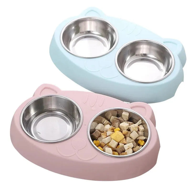 Macaron-shaped plastic pet feeder tray with two bowls in blue, green, or pink colour options