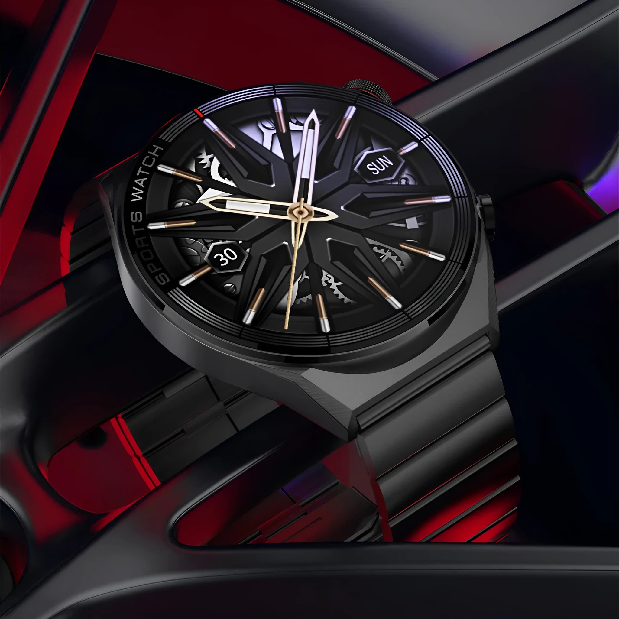 Black or silver smartwatch with 1.5-inch HD screen on a choice of leather, silicone, or steel strap