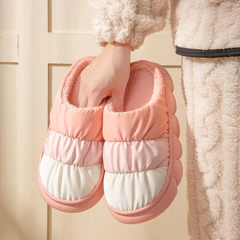 Gradient plush winter house slippers with waterproof cloth upper and anti-skid foaming sole, in pink purple green grey or dark blue.