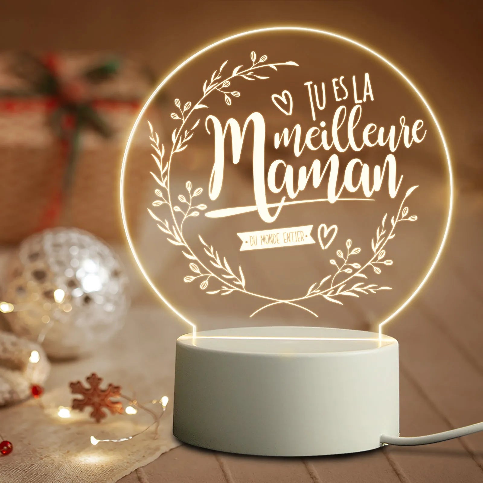 Modern minimalist LED bedside night light with acrylic shade on ABS base, connected via USB cable