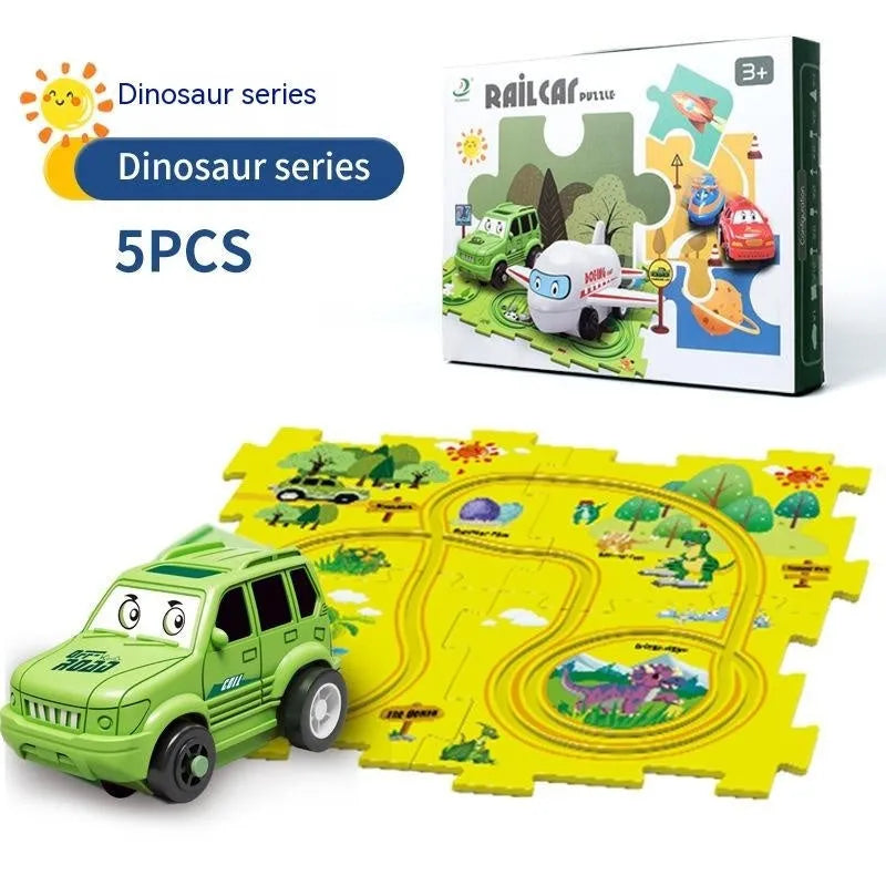 Children puzzle electric railroad speeder DIY track set with automatic car on grooved rails