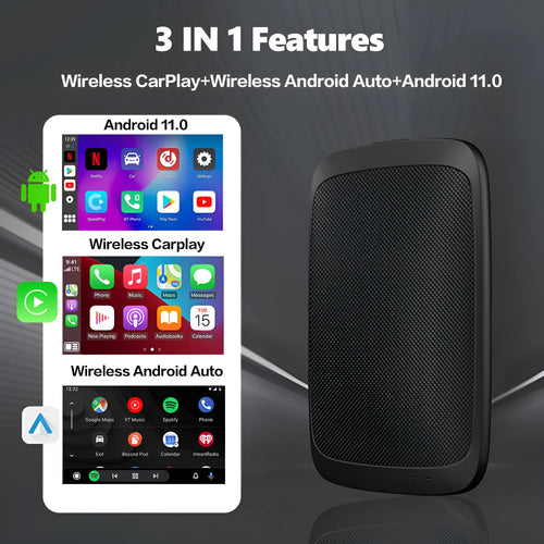 UX999Simple Android 11 Carplay Box black front view with 9-inch capacitive touch screen