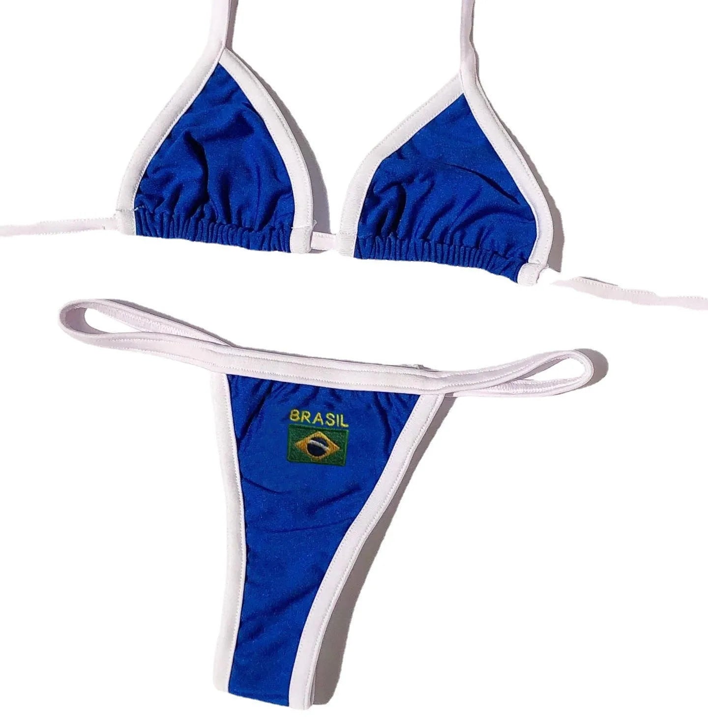 Women's sweet style polyester bikini set in blue, featuring a T-back bra top and high-waisted shorts.