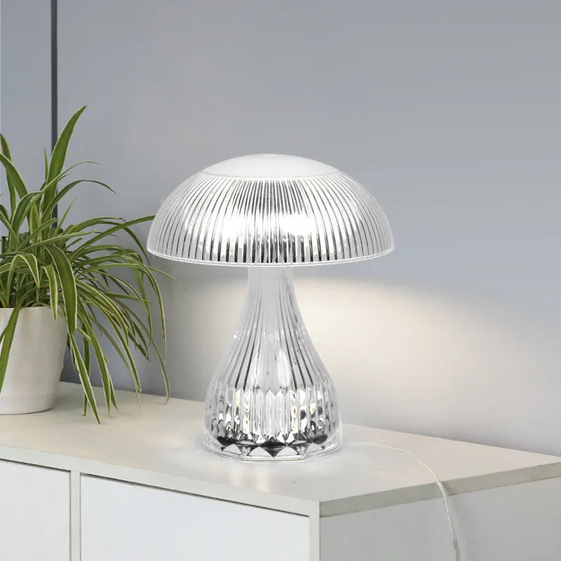 Small white night lamp with USB charging cable and touch control on wooden table