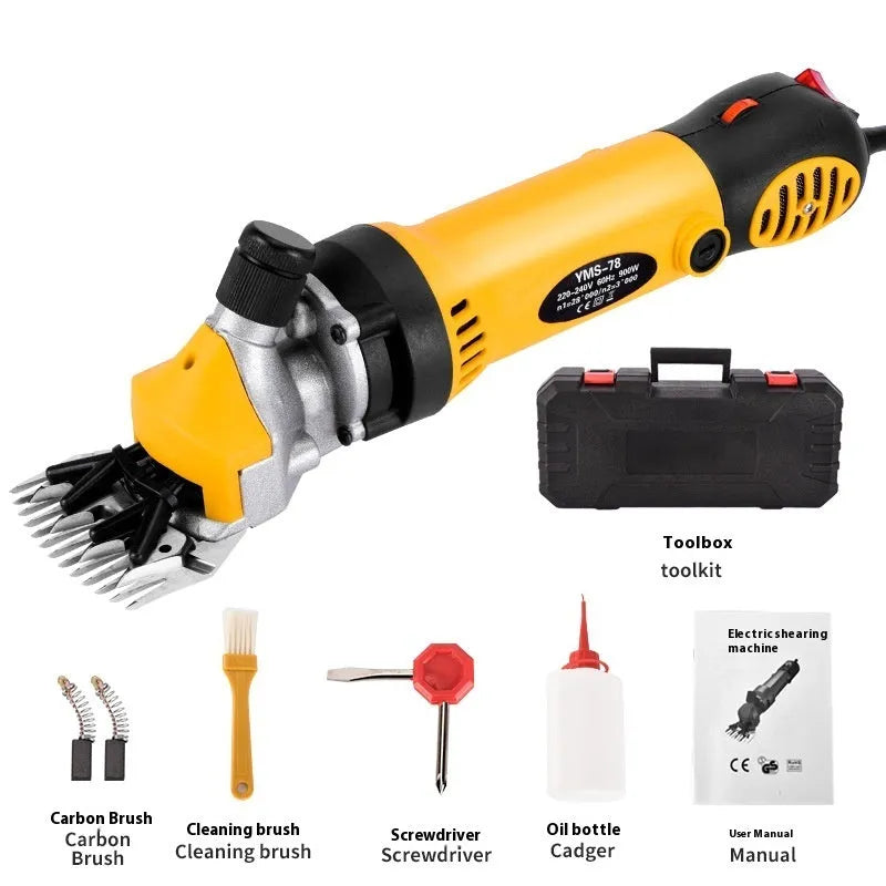 Yellow handled electric wool clipper with blades and maintenance tools in a plastic case