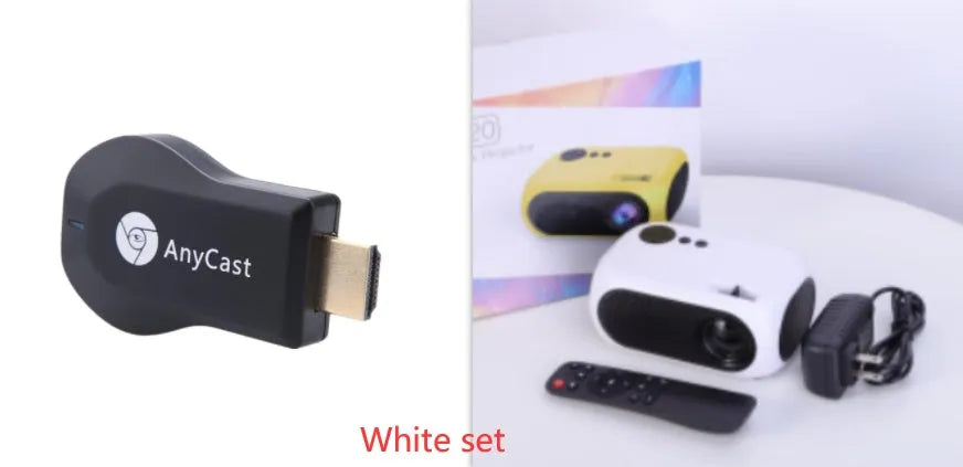 M24 portable mini projector in gold or white with power adapter and cables