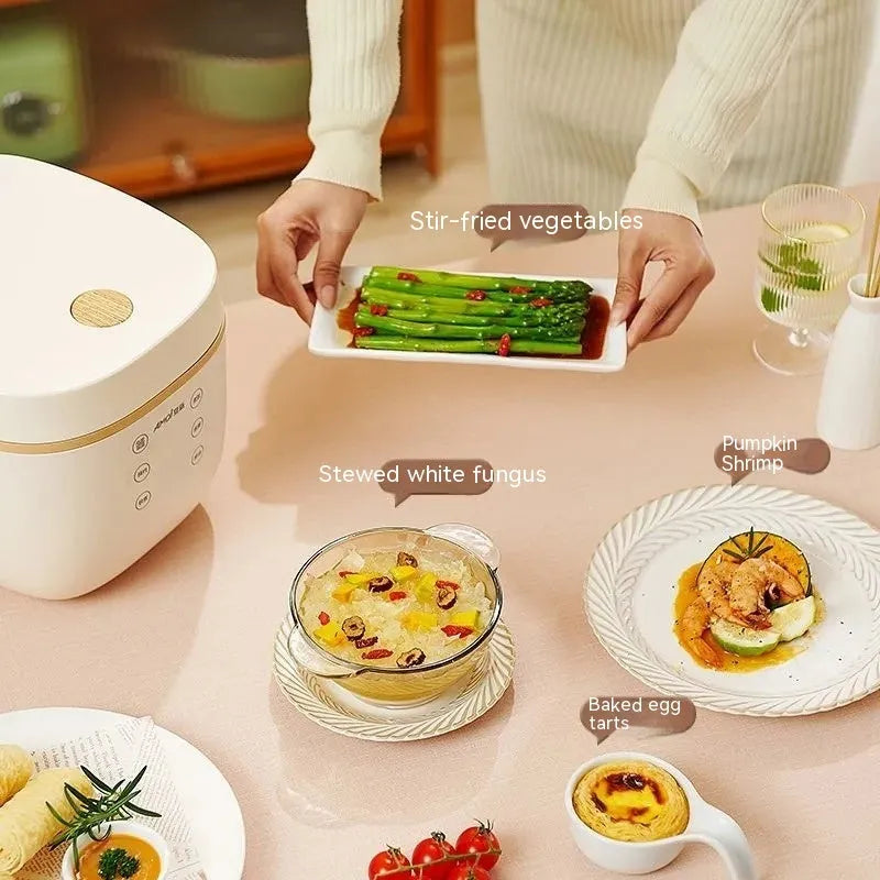 White intelligent multi-function rice cooker with 3L black crystal inner pot and steamer basket