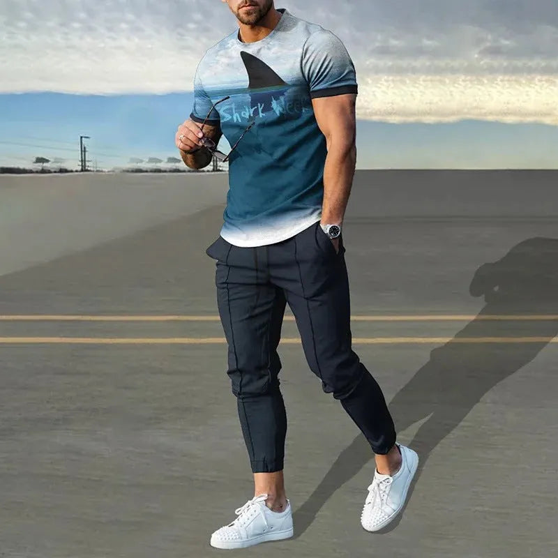 Man wearing a short-sleeved pullover and matching trousers from a polyester-blend suit set.