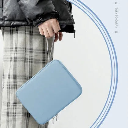 Imitation leather tablet protective case with a carry handle in light grey, shown next to a black variant.