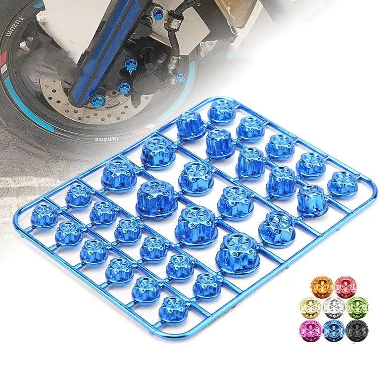 Set of 30 motorcycle engine screw caps in various colours including black, red, gold, blue, silver, green, orange, purple and yellow