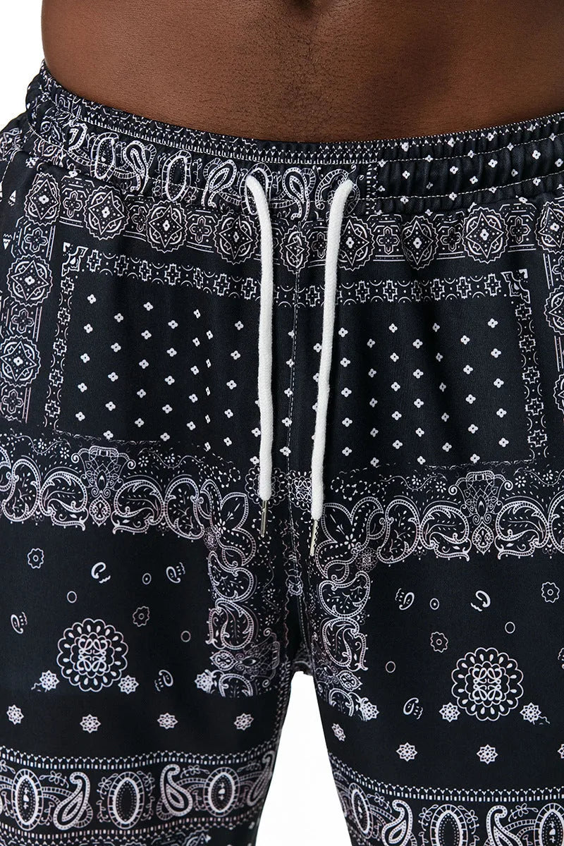 Ethnic printed straight-leg slacks in basic Korean style, mid-rise waist, no belt, available in multiple sizes