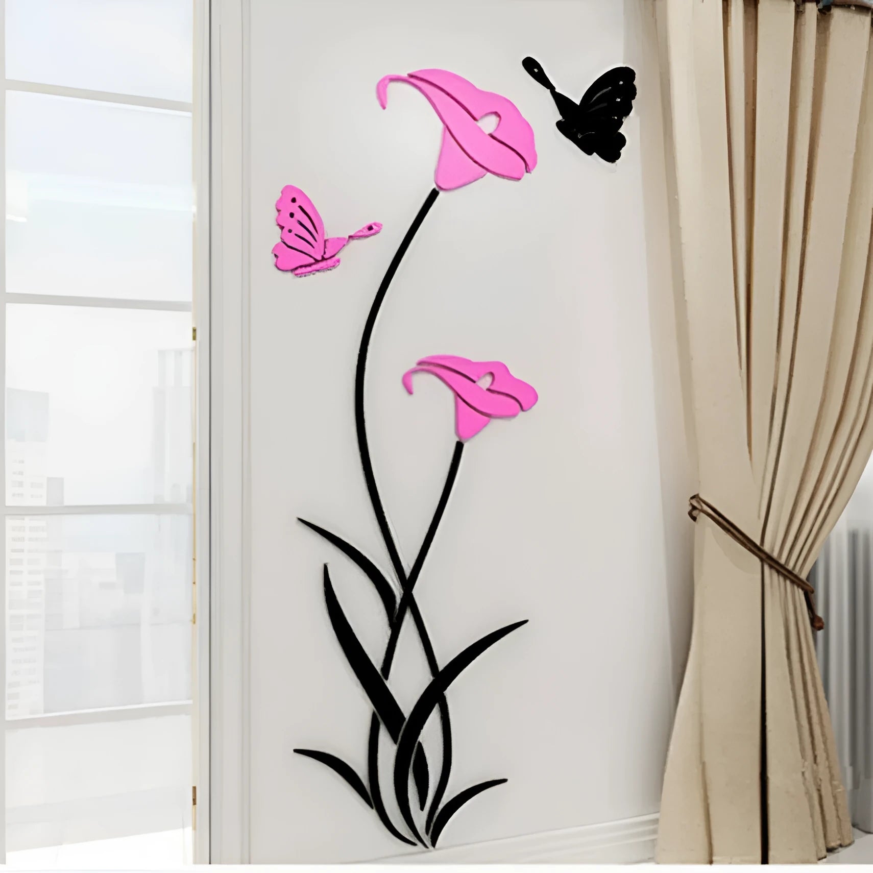Lily shaped 3D acrylic wall sticker in pink, shown in large size with right orientation.