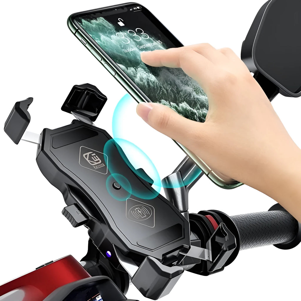 Black plastic motorcycle phone bracket with wireless charging stand mounted on handlebar, 135x70mm
