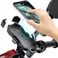 Black plastic motorcycle phone bracket with wireless charging stand mounted on handlebar, 135x70mm