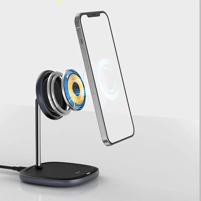 Swan magnetic desktop wireless charger stand for Apple iPhone 12 in black colour with Type-C cable