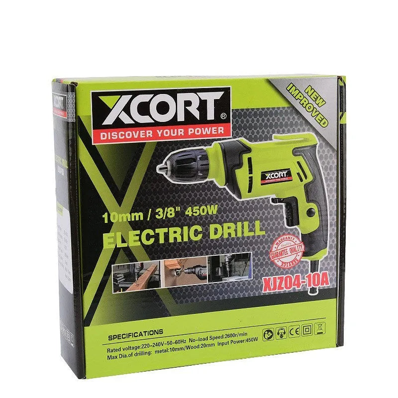Pistol-grip 450W AC electric drill with a 10mm chuck on a workbench.