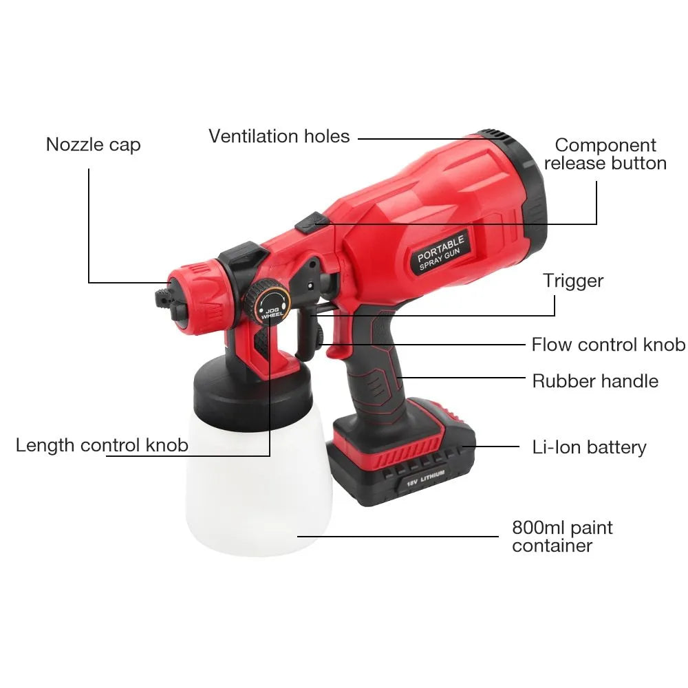 Blue cordless automatic paint spray gun with 800ml can and 1.8mm nozzle on a workbench.