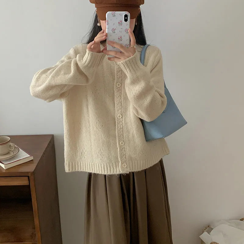 Korean art retro sweater coat in viscose fibre with loose fit, shown in apricot colour option