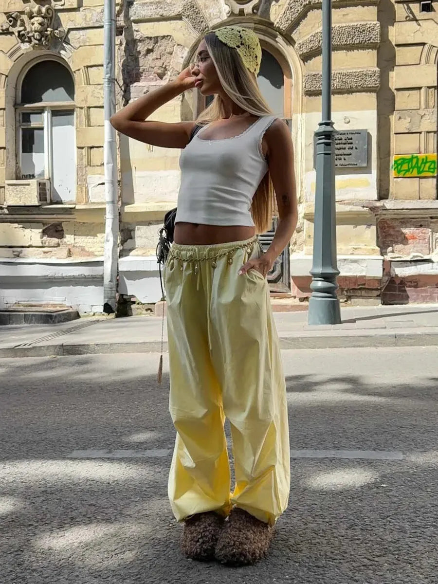 Yellow women's drawstring trousers, mid-waist straight-leg work clothes style, sizes S M L