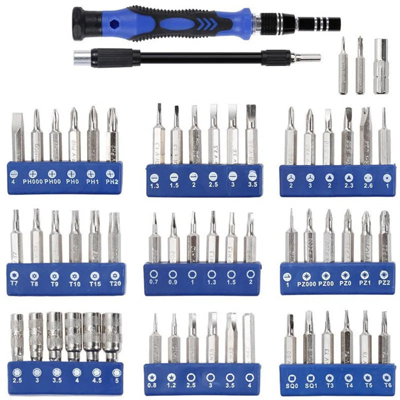80 in 1 screwdriver set with 65 chrome vanadium steel bits, magnetised handle, extensions, tweezers, and prying tools