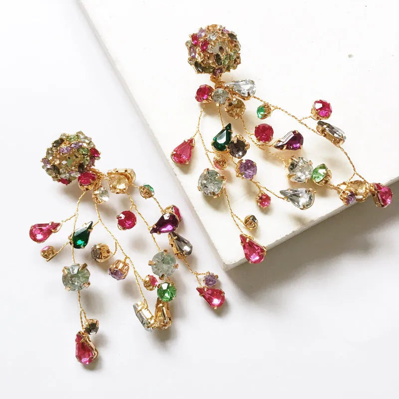 Colourful rhinestone flower stud earrings with retro and Thai silver style