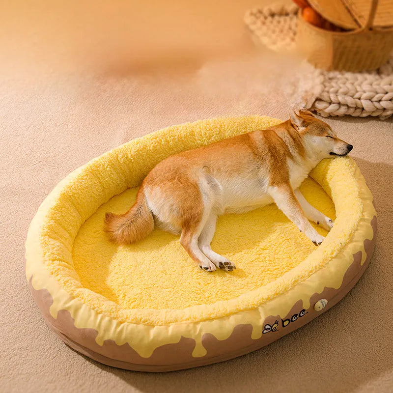 Detachable washable pet bed for dogs and cats in grey or yellow, available in four sizes.