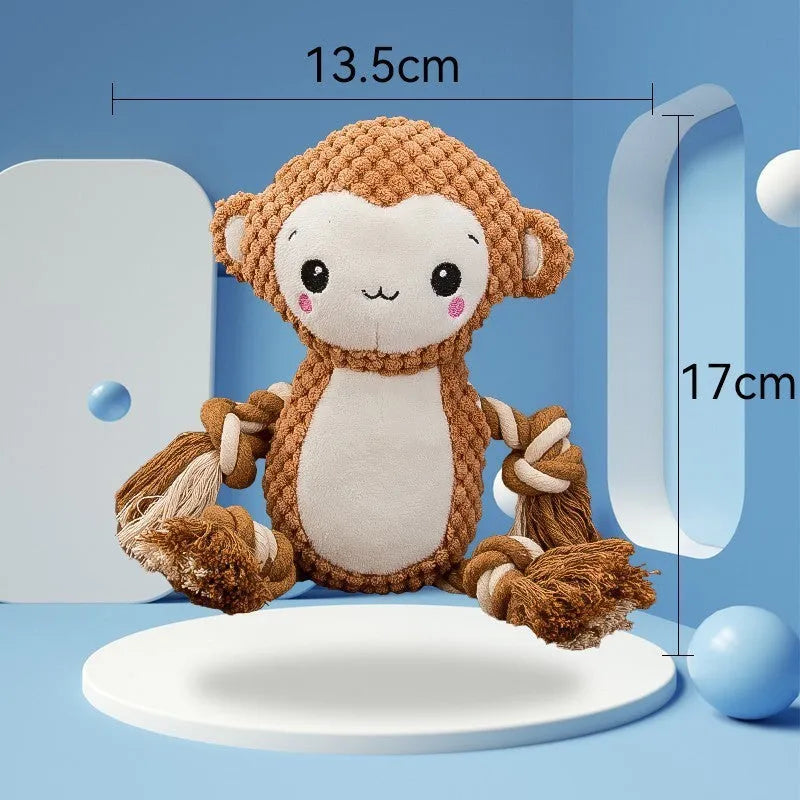 Squeaky monkey plush toy and lion plush dog toy bundle on a white background.