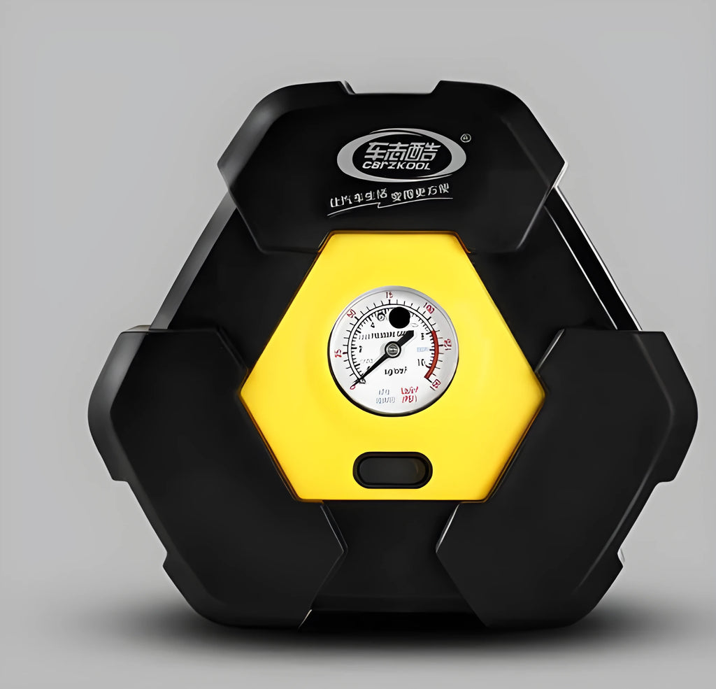 Portable car auto electric air compressor tire inflator with compact 22 cm x 19.5 cm x 8.5 cm body on white background