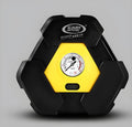 Portable car auto electric air compressor tire inflator with compact 22 cm x 19.5 cm x 8.5 cm body on white background