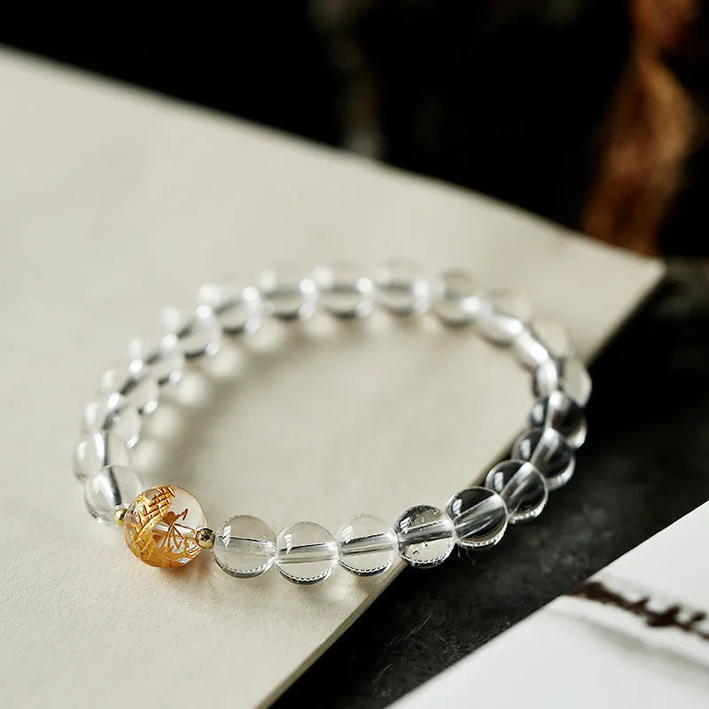 Geometric obsidian white crystal bracelet with black agate beads for 14-16cm wrists