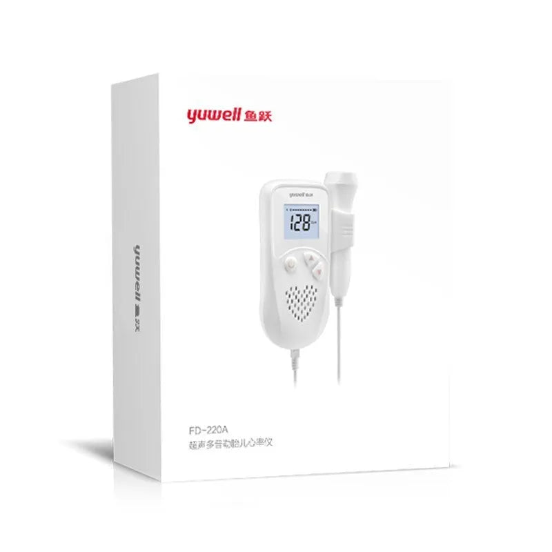 Fetal heart rate monitor with LCD screen and 2.5MHz waterproof probe on a pink background